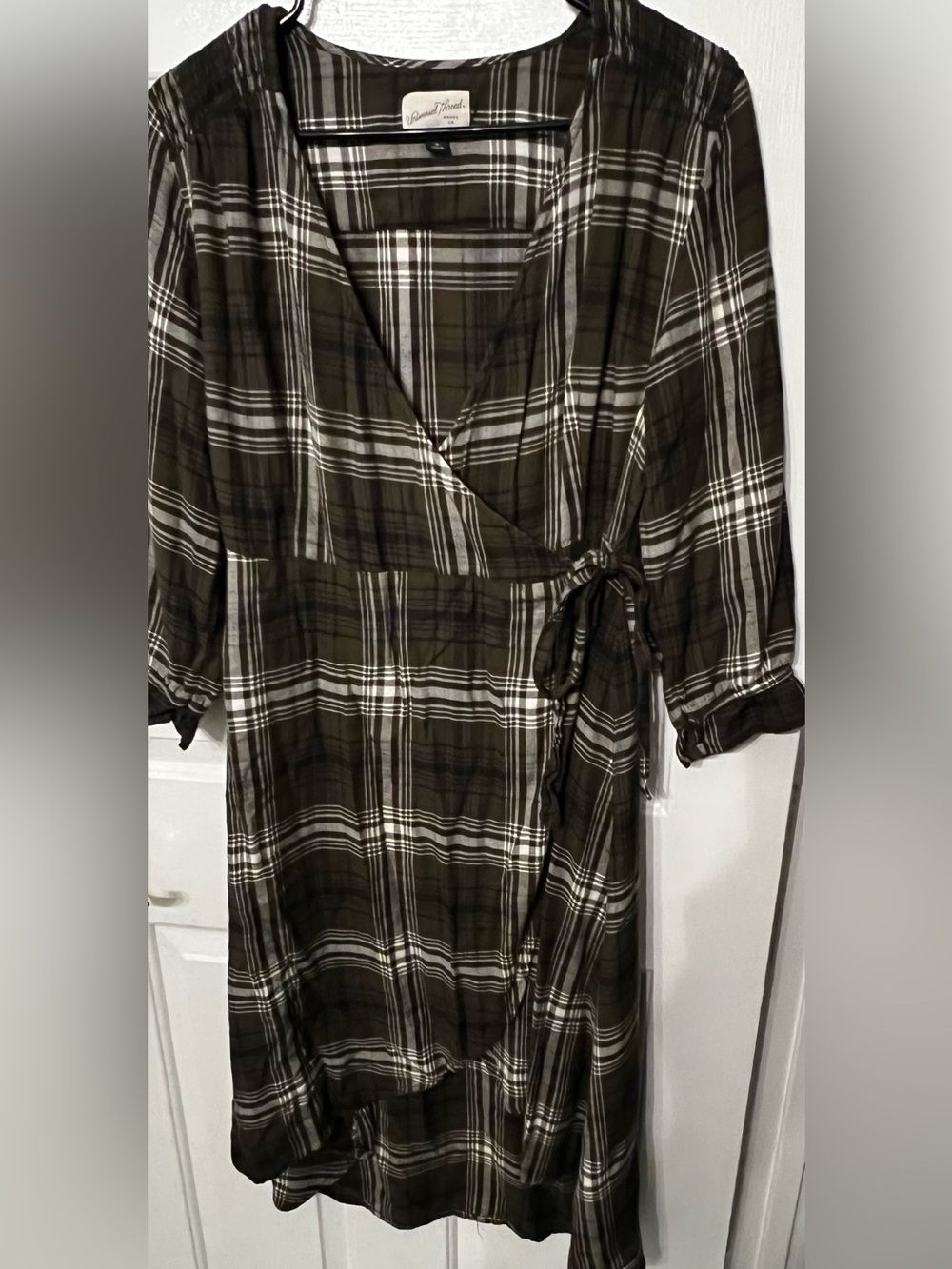 Universal Thread Plaid Boho Mini Dress Side Wrap 3/4 Sleeves Soft Fabric Medium